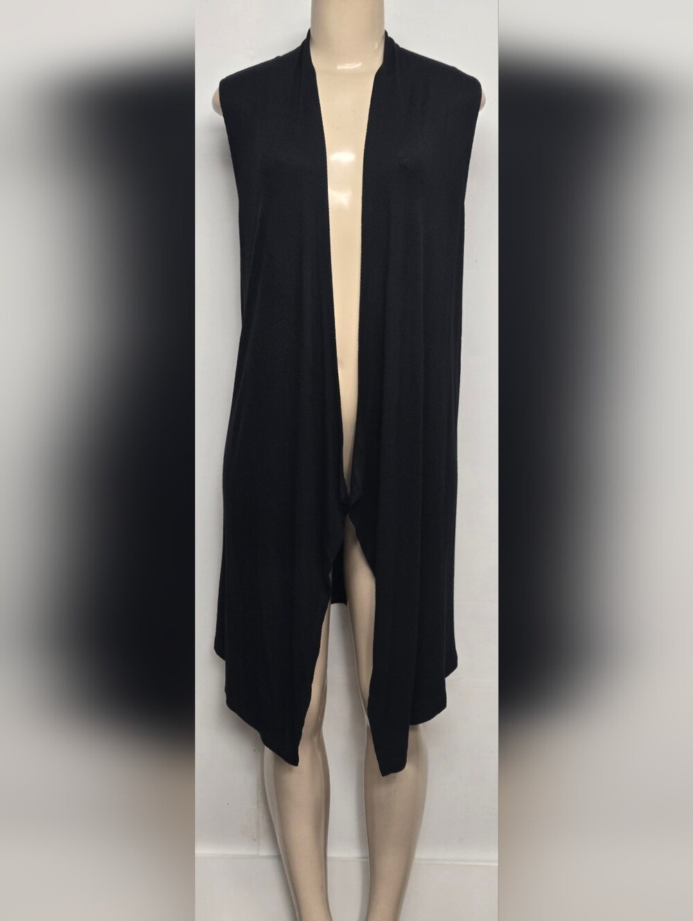 I.N.C Long Sleeveless Cardigan Waterfall Front Deep Black Slinky Stretch Knit M